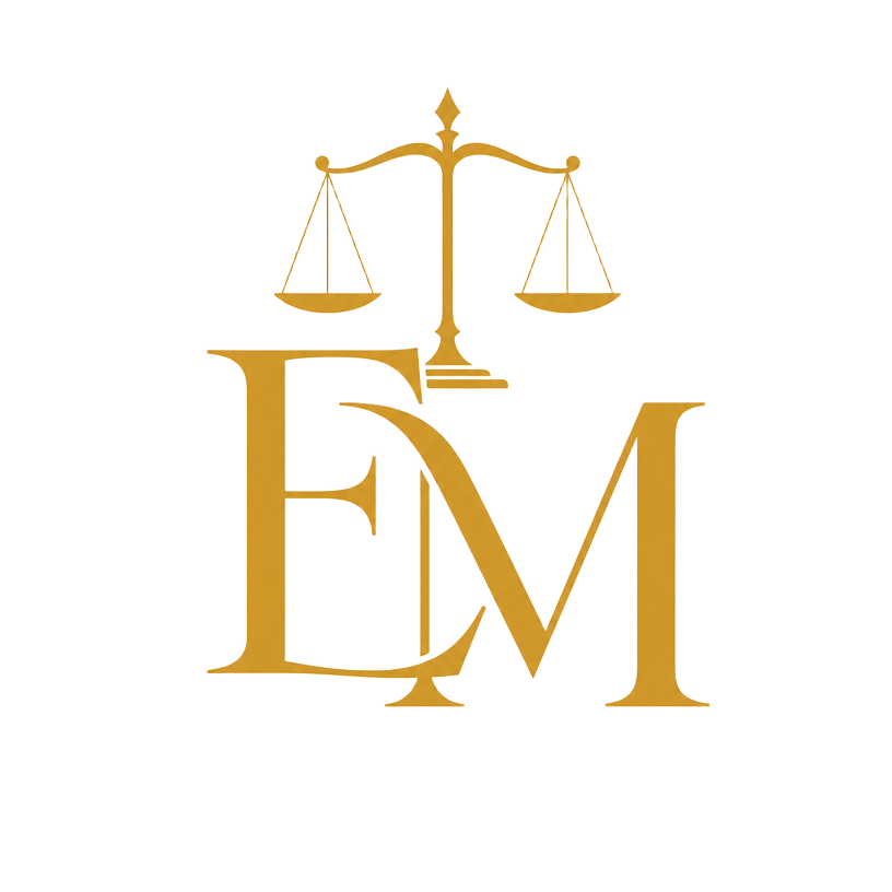 Monograma EM com balança da justiça — Esmeralda Misterdão Advocacia